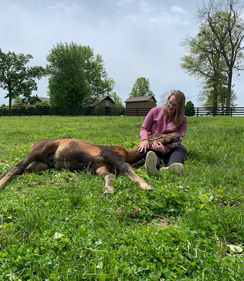 Photo of woman and horse sitting in grass